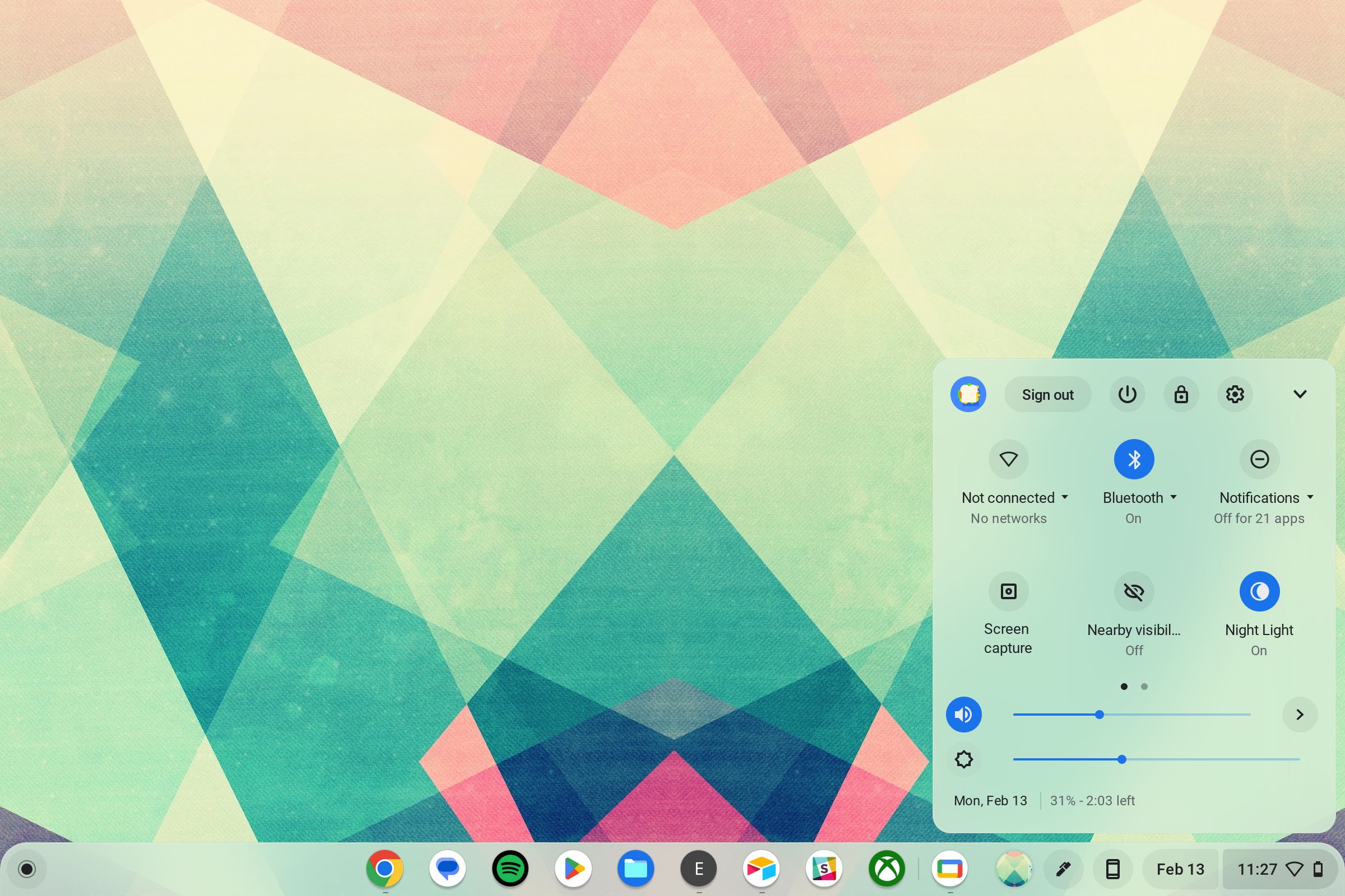 Um Chromebook com o menu de configurações rápidas desconectado da Internet