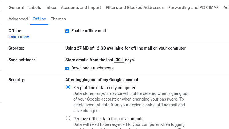 A seção de configurações off-line no Gmail