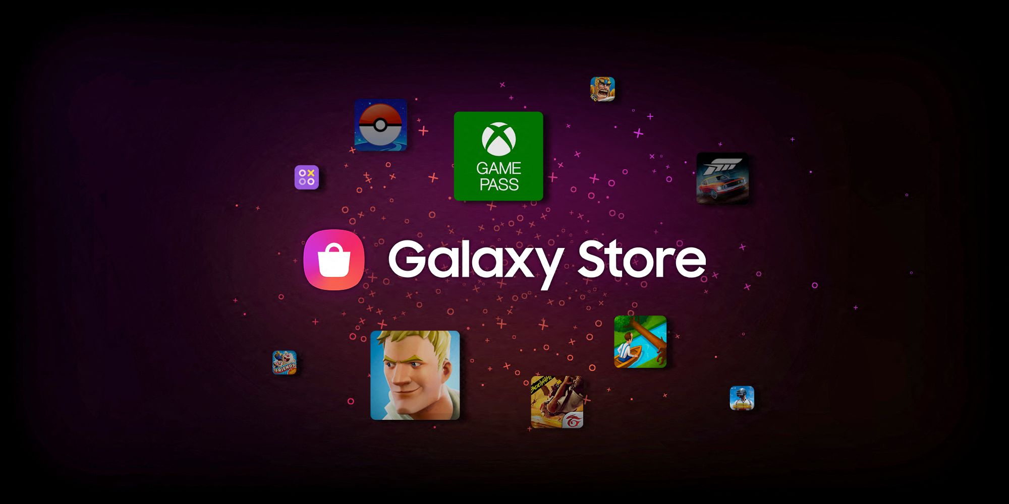 O logotipo da Galaxy Store com os logotipos de vários jogos e aplicativos relacionados a jogos, como Xbox Game Pass e Fortnite