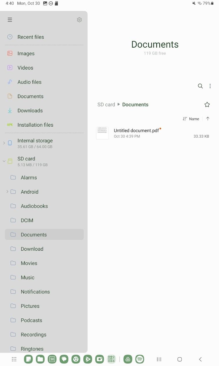 captura de tela do gerenciador de arquivos no tablet Samsung Galaxy