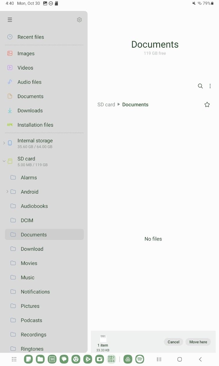 captura de tela do gerenciador de arquivos no tablet Samsung Galaxy