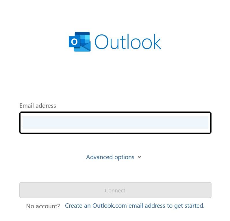 Digite seu novo endereço para fazer login em sua nova conta do Outlook.