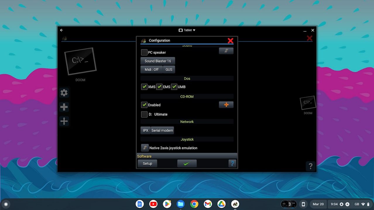 Pop-up da janela de configurações do emulador no Chromebook com fundo azul rosa e azul escuro