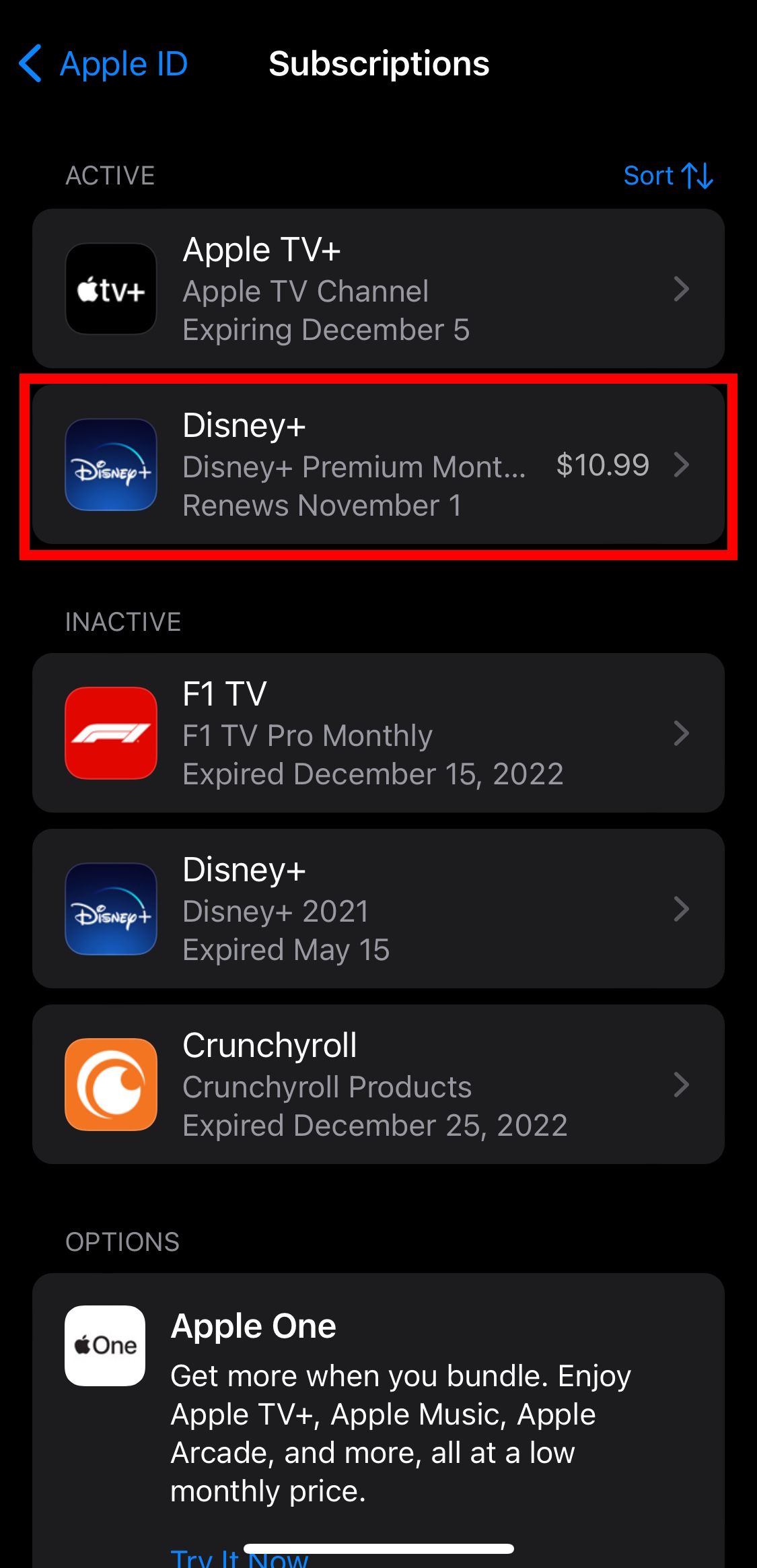 Listagens de assinaturas de contas Apple ID no iPhone com contorno de retângulo vermelho sobre Disney+