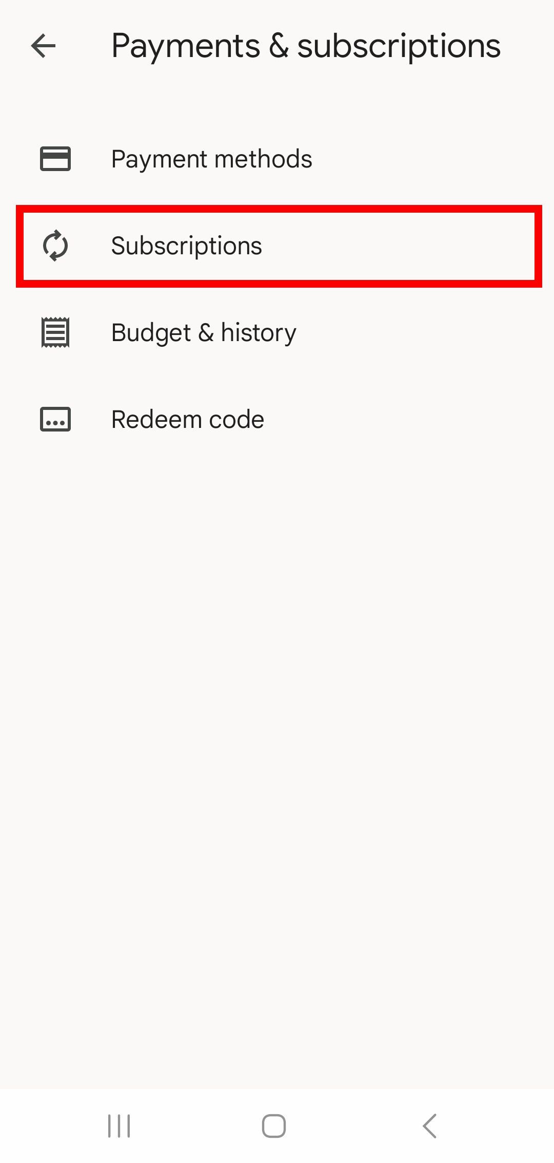 Menu de pagamentos e assinaturas da Google Play Store com contorno de retângulo vermelho sobre as assinaturas.