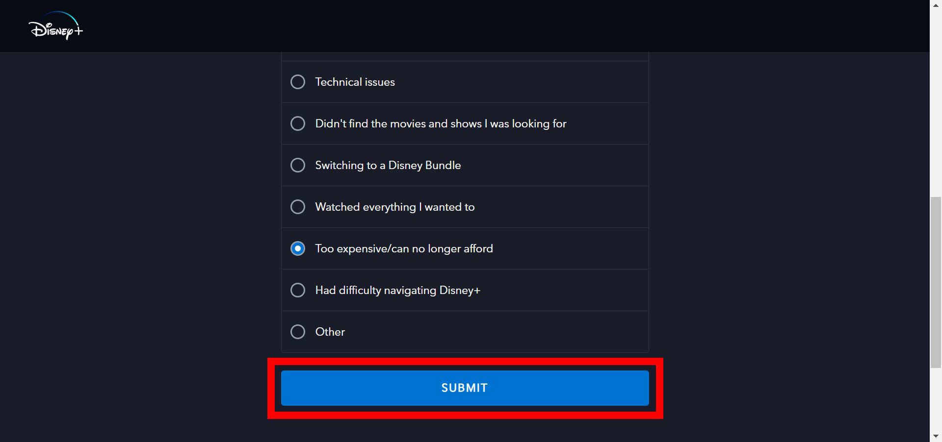 Página de motivos de cancelamento do Disney+ com contorno de retângulo vermelho sobre o botão enviar.