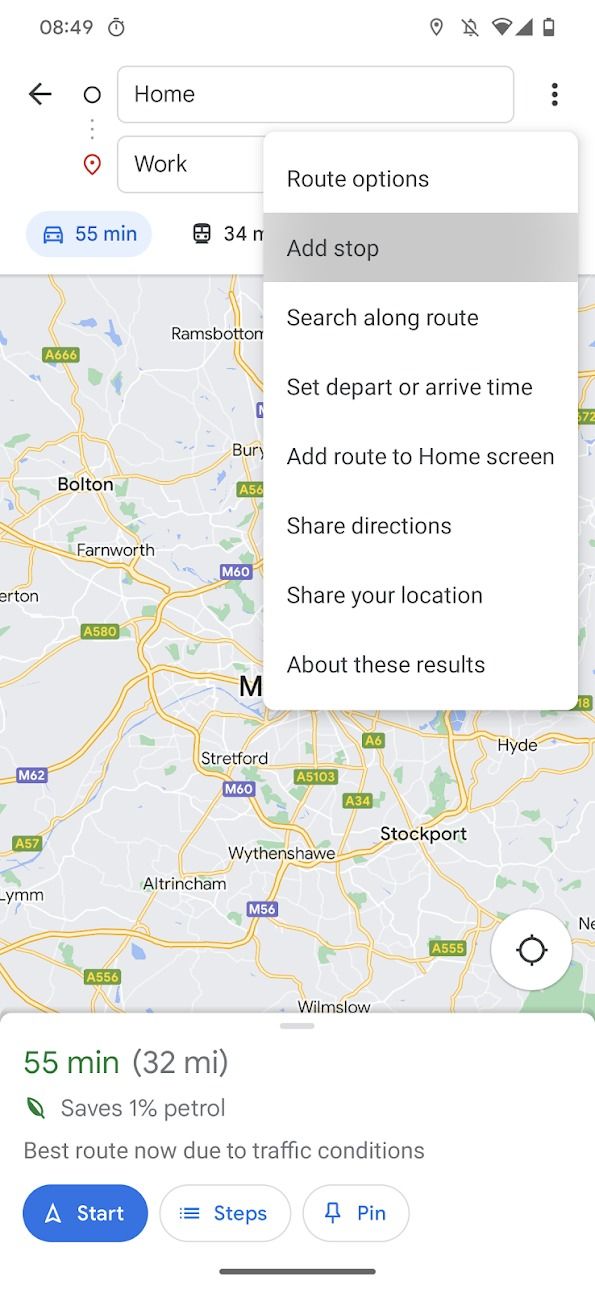 A tela de destino do aplicativo móvel do Google Maps com um menu suspenso aberto e a opção Adicionar parada destacada.