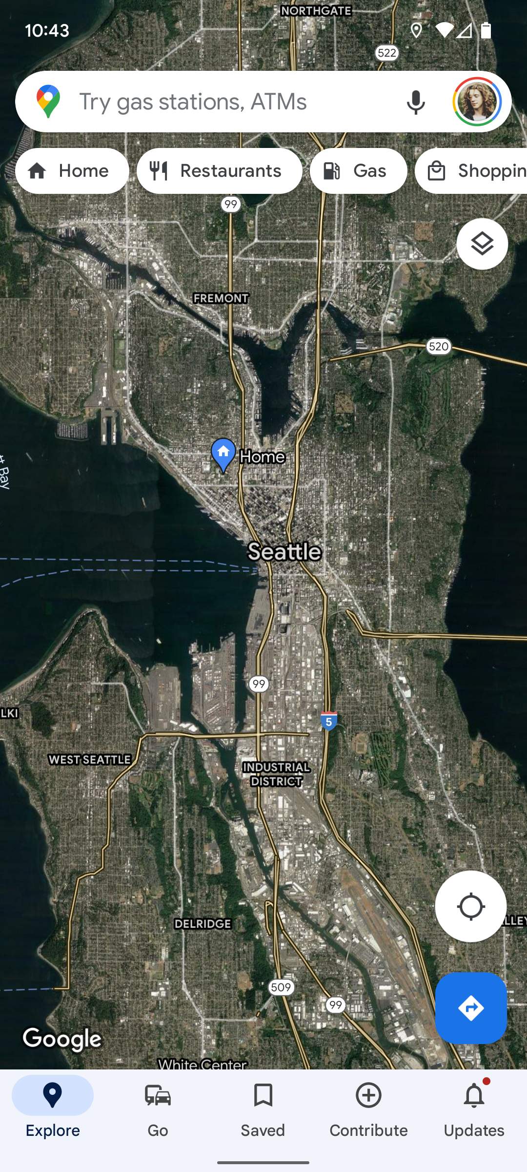 A tela inicial do Google Maps mostrando Seattle em visualização de satélite.