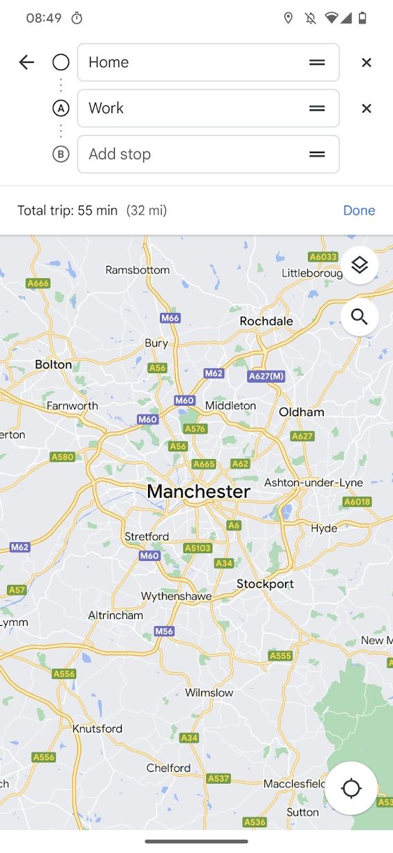 Aplicativo móvel do Google Maps mostrando um endereço de partida e dois destinos.