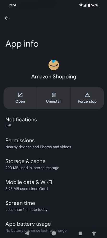 Esta tela mostra os dados coletados e as permissões para o aplicativo Amazon Shopping