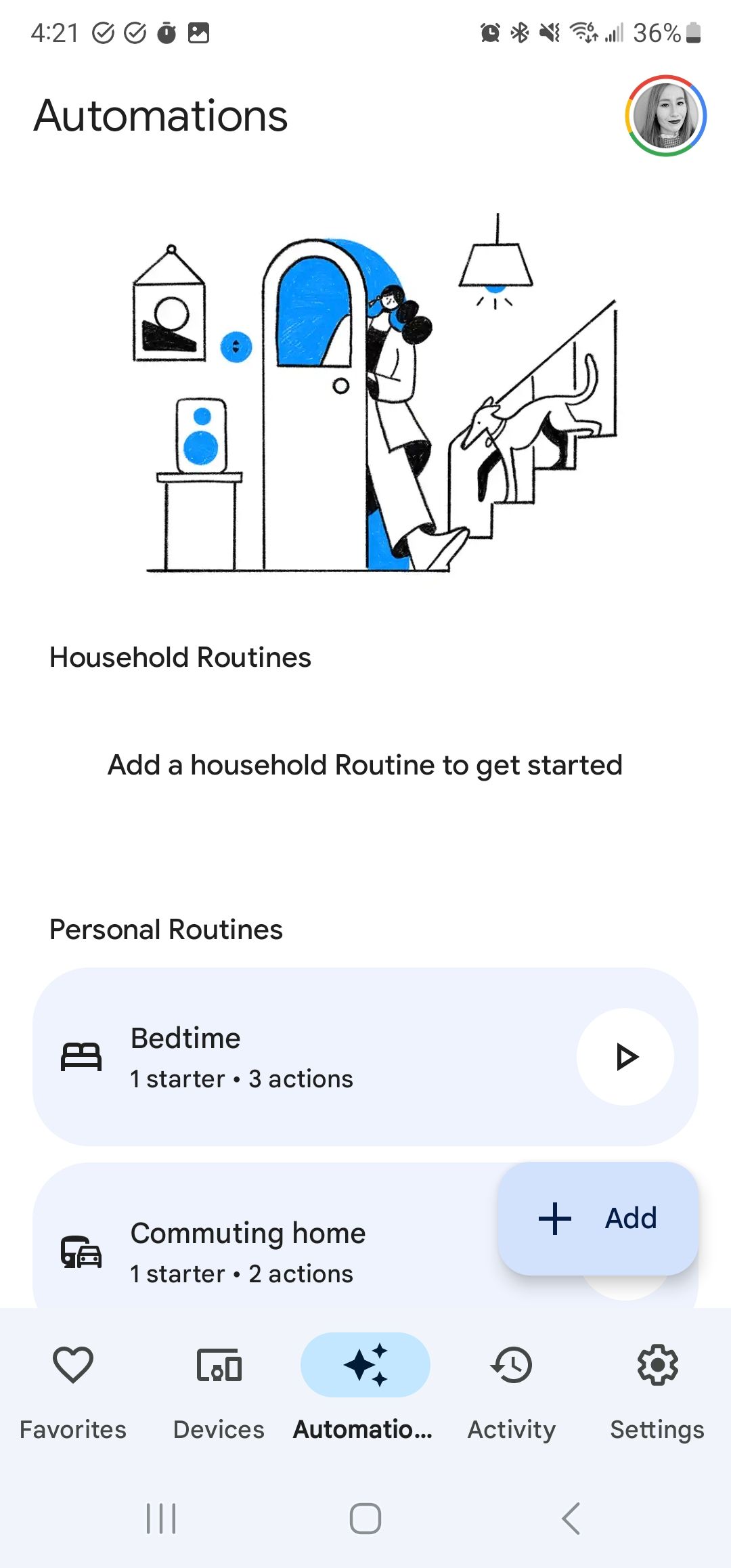 Uma captura de tela da página Automações do app Google Home, que lista as rotinas.
