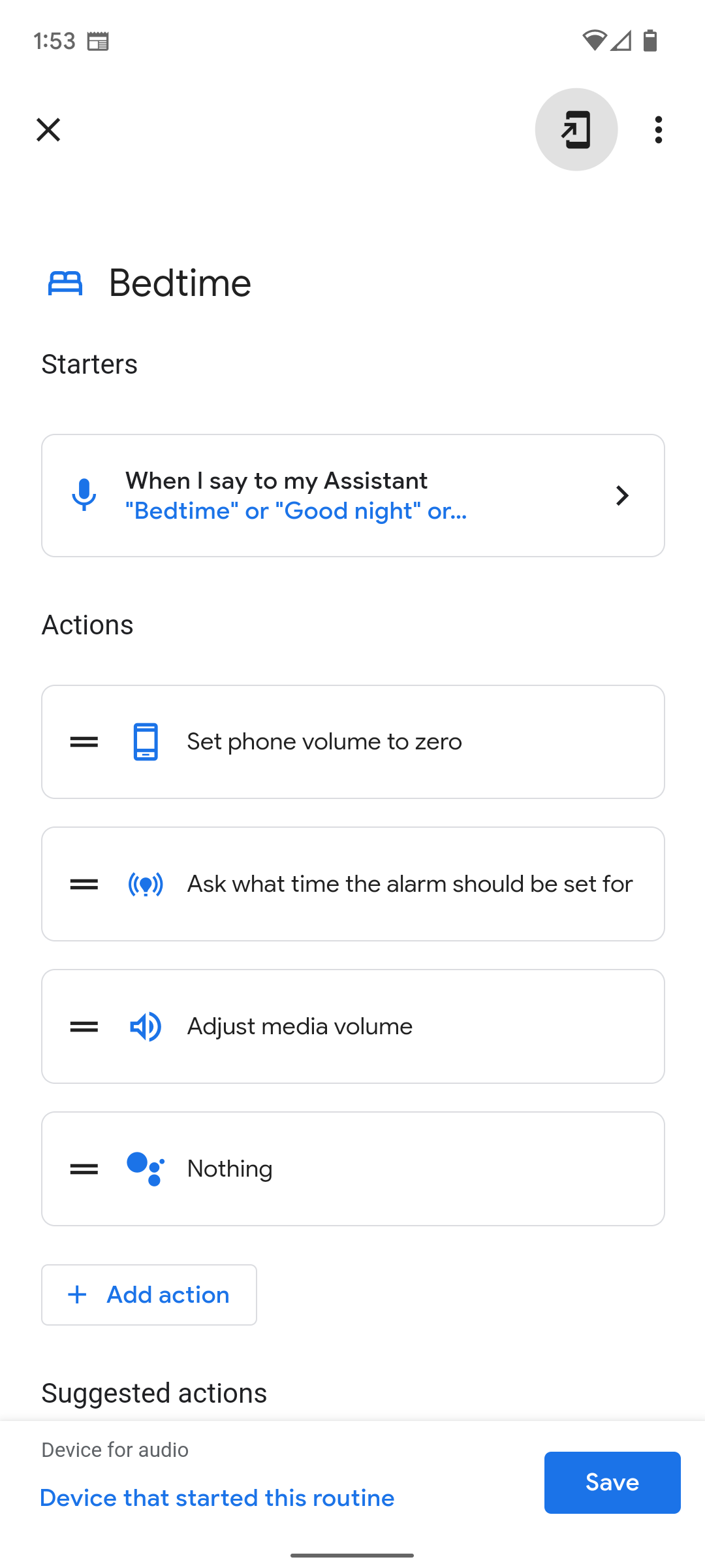 O app Google Home mostrando uma rotina para a hora de dormir. 