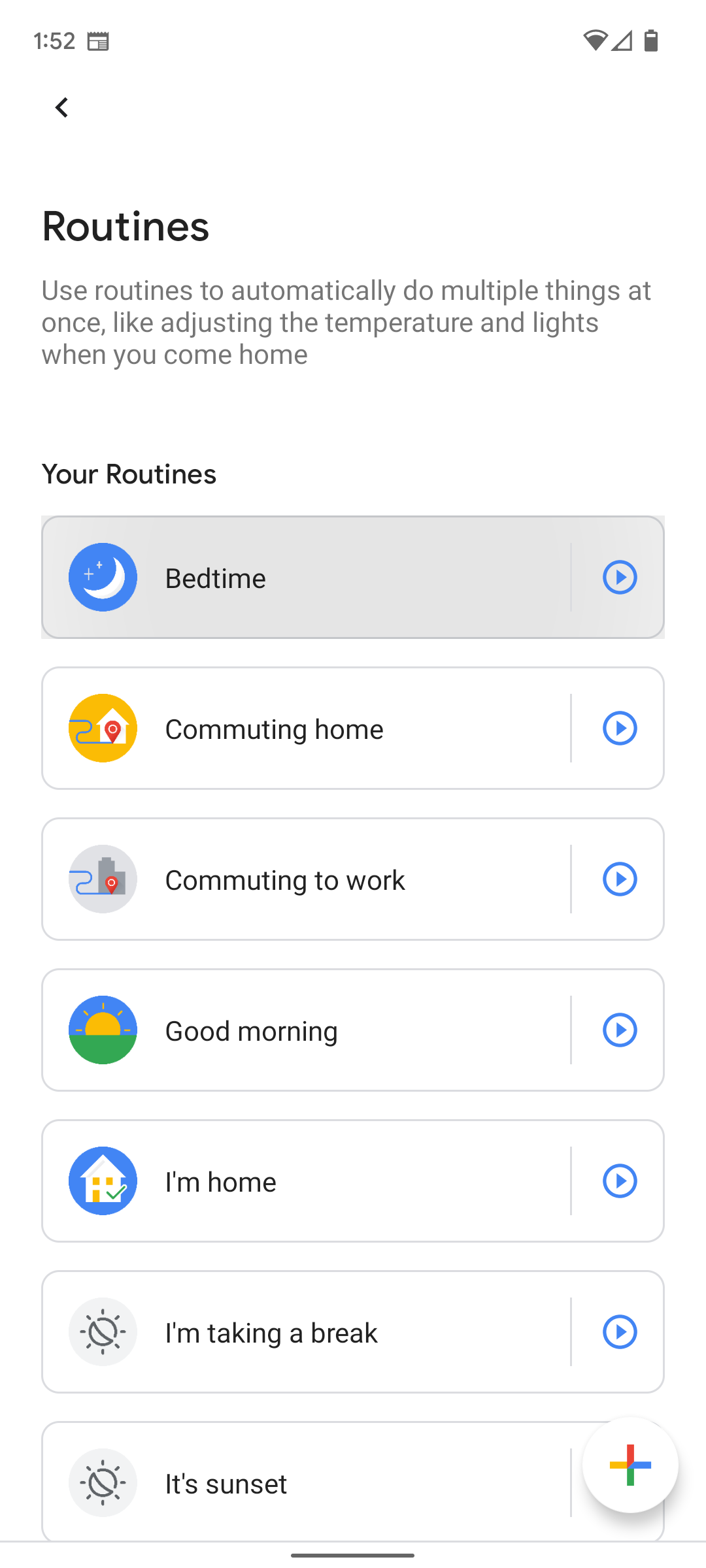 O app Google Home mostrando rotinas.
