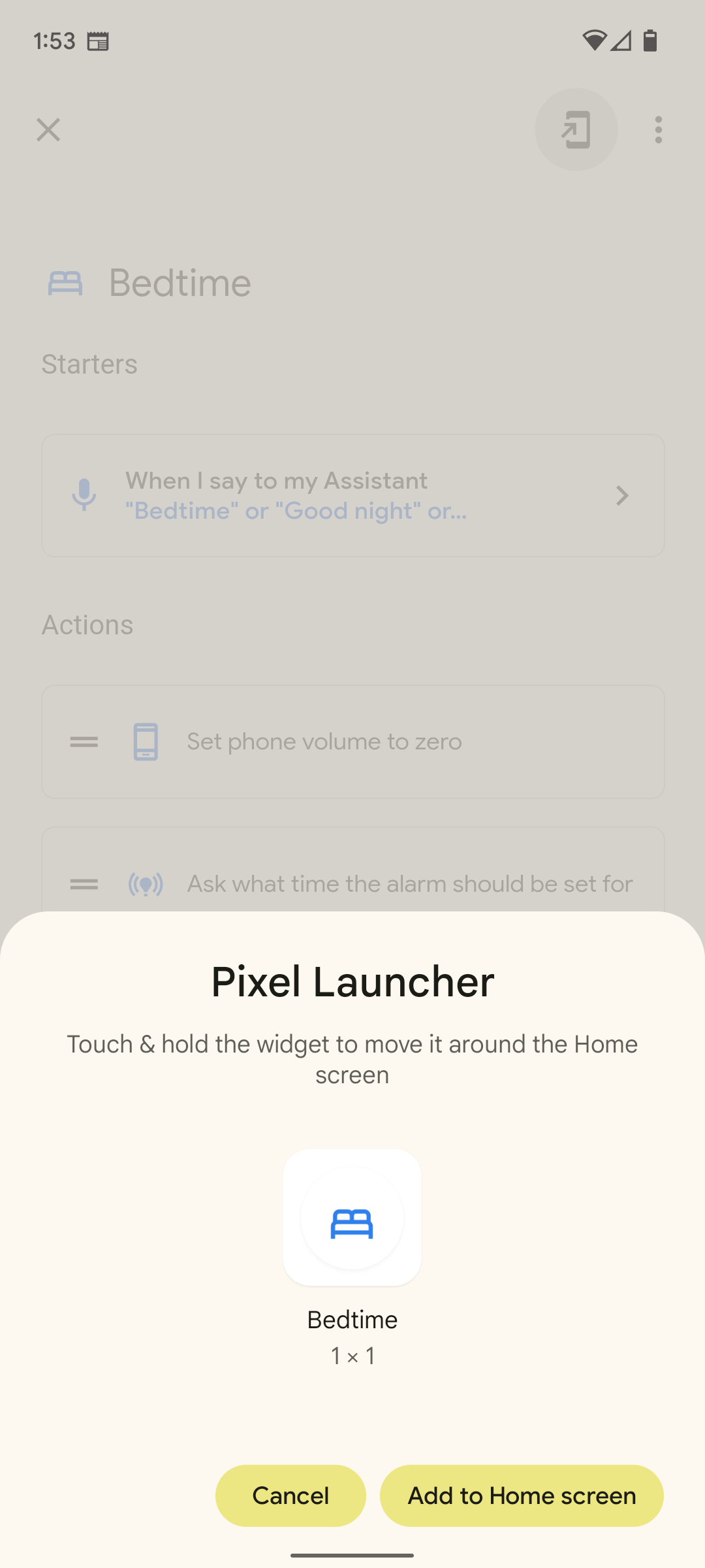   captura de tela do app Google Home com uma página de widget de atalho.