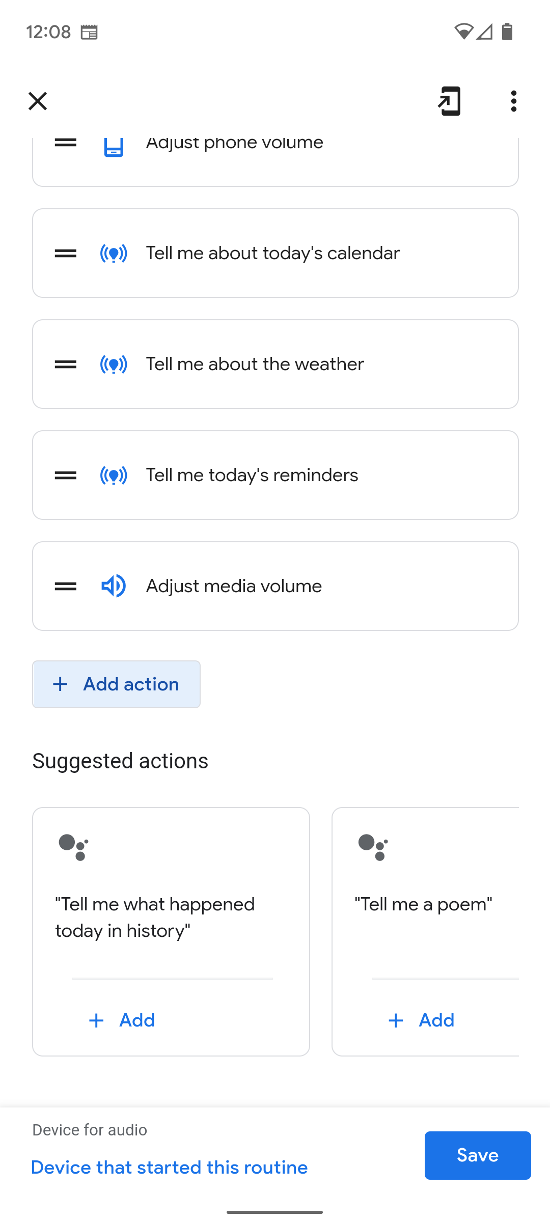 Uma captura de tela do app Google Home mostrando etapas de rotina.