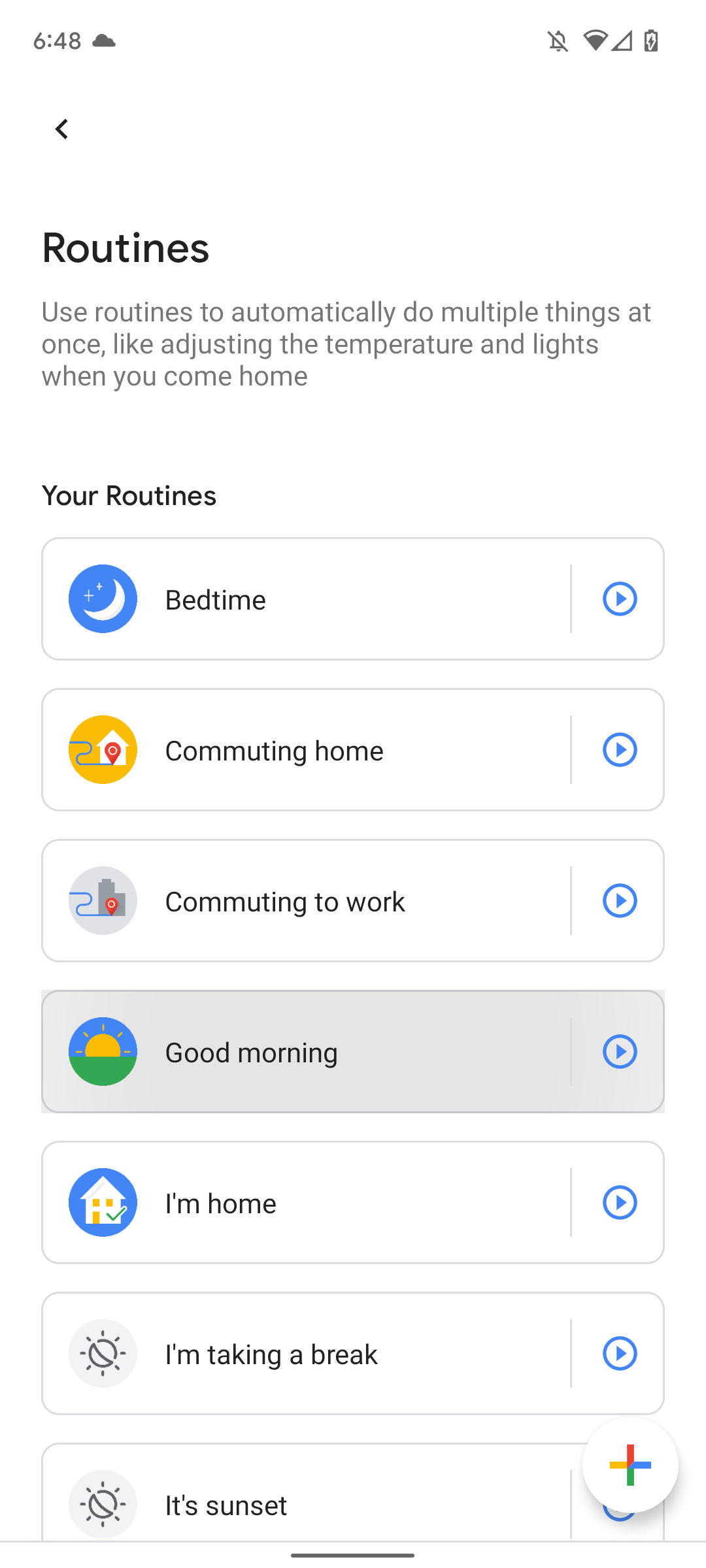 Uma captura de tela do app Google Home mostrando uma rotina de bom dia.