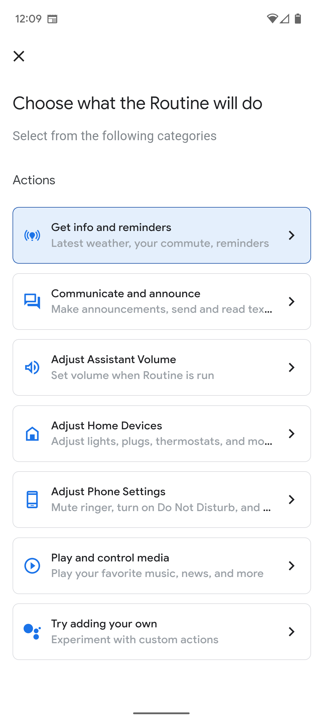 Uma captura de tela do app Google Home mostrando a ferramenta de criação de rotina.