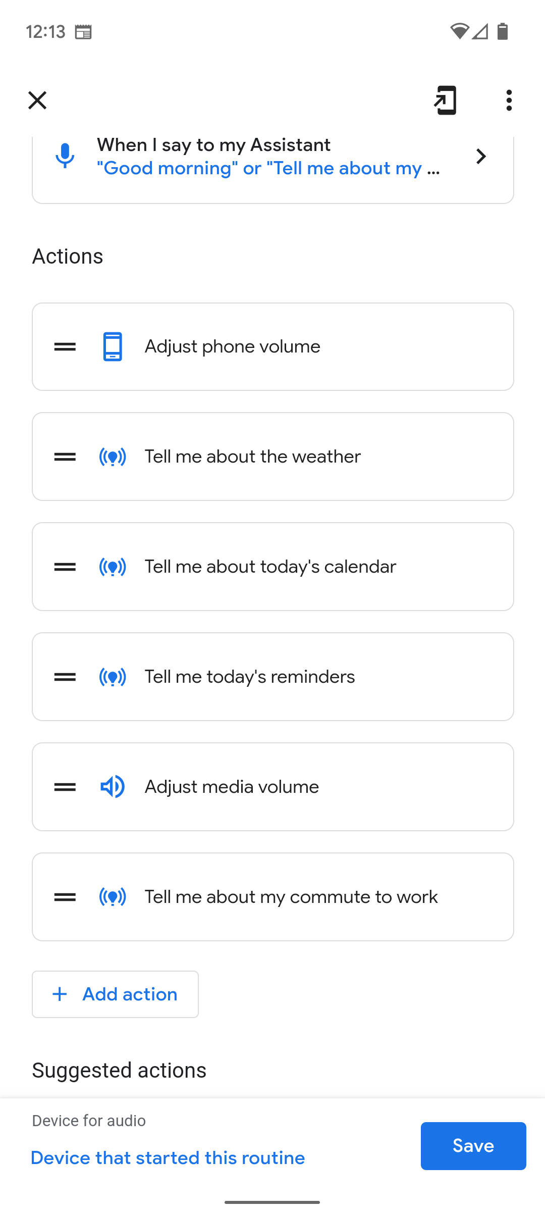 Uma captura de tela do app Google Home mostrando ações de comando de voz.