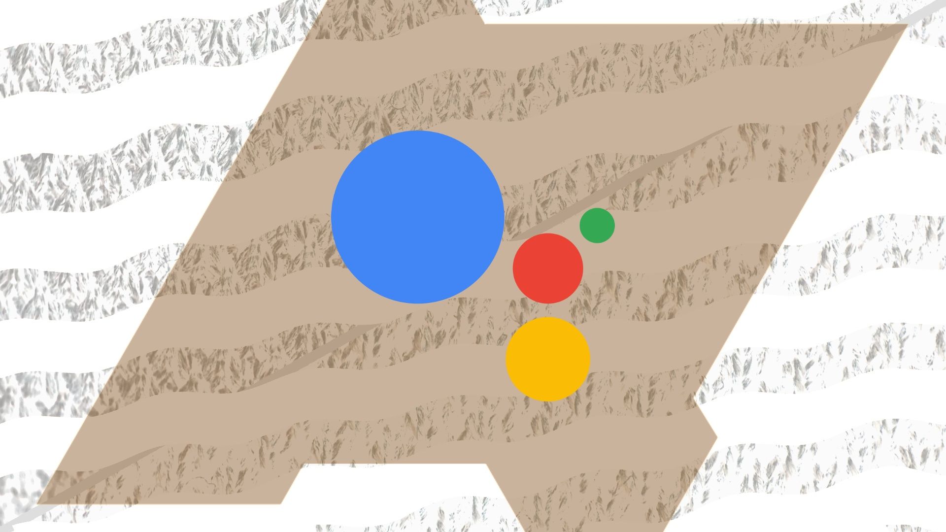 O logotipo do Google Assistente sobre um logotipo marrom da Android Police sobre um fundo ondulado listrado em mármore branco e preto e branco