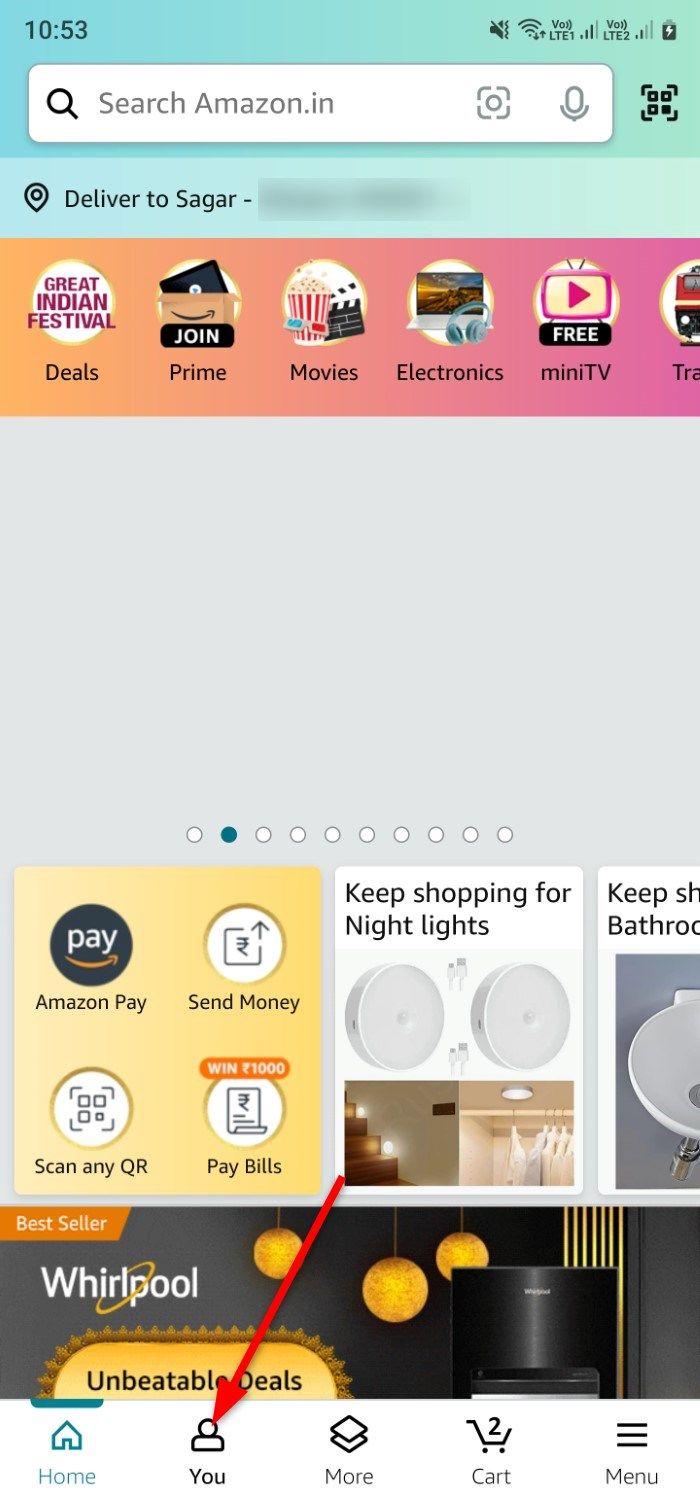Captura de tela mostrando a página inicial do aplicativo Amazon Android