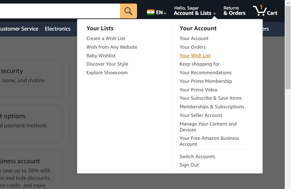 Captura de tela mostrando a opção Sua lista no site da Amazon em um desktop