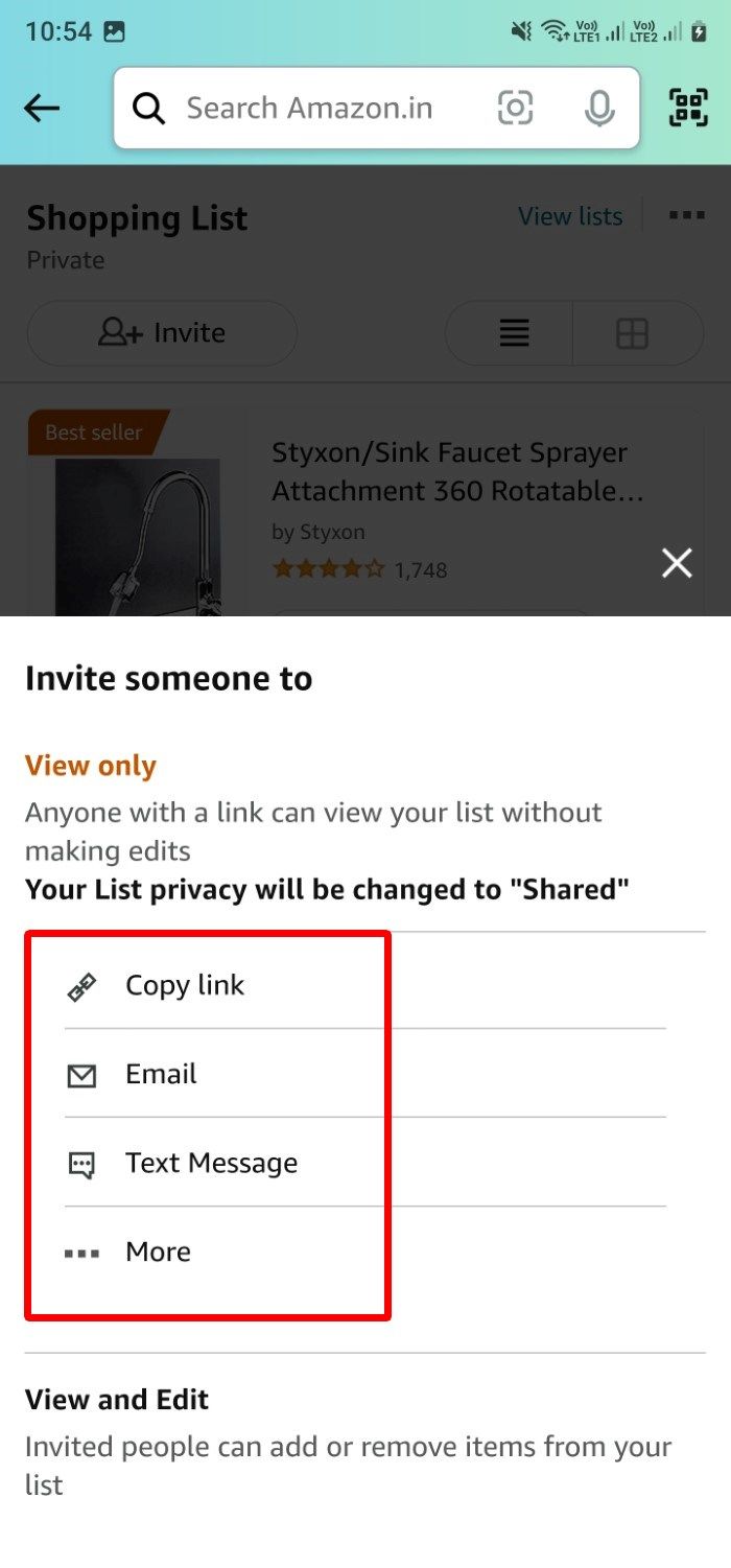 Captura de tela mostrando as opções pré-selecionadas para enviar um convite a alguém no aplicativo Amazon
