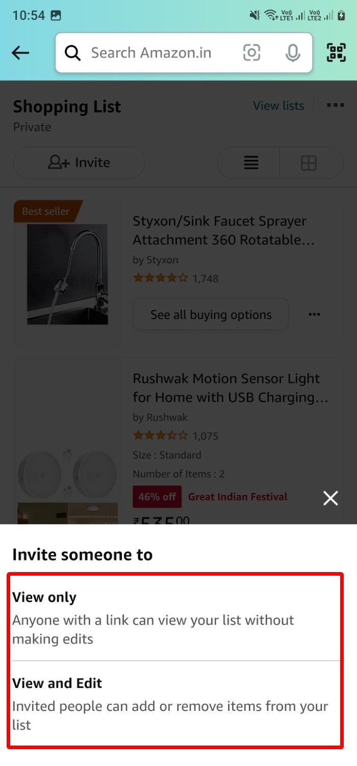 Captura de tela mostrando as diferentes opções que você obtém ao convidar alguém para ver sua lista de desejos no aplicativo Amazon