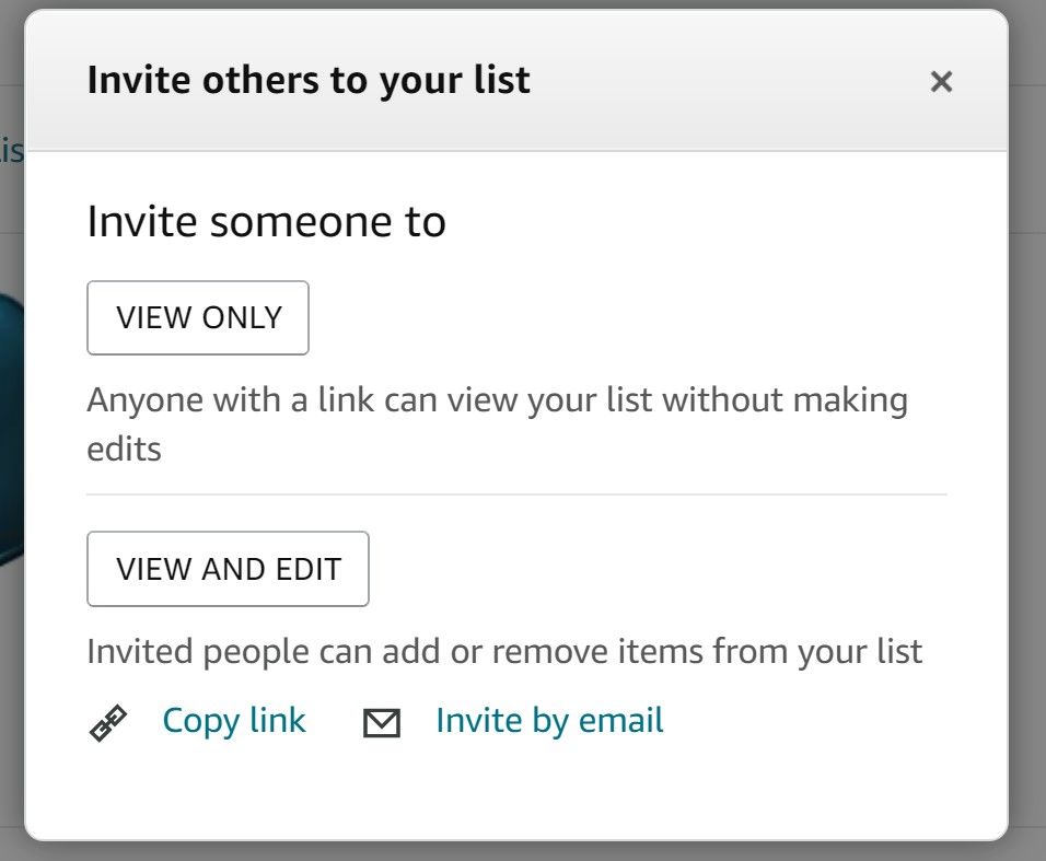 aplicativo de desktop Amazon mostrando opções de convite para listar