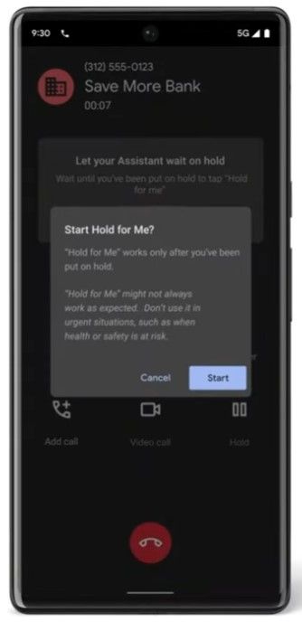 Uma ligação solicitando que o usuário inicie o Hold for Me no smartphone Google Pixel.