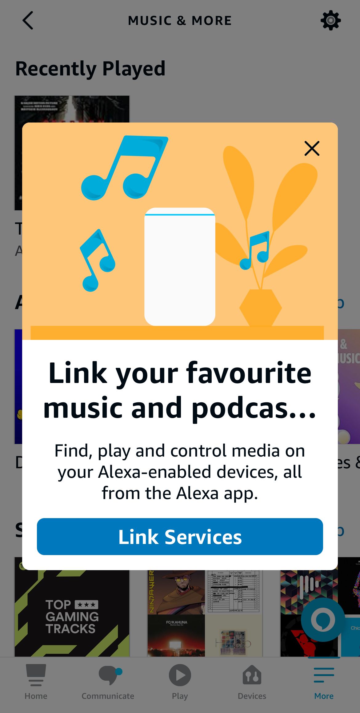 O aplicativo Alexa exibindo um pop-up para vincular serviços de música.