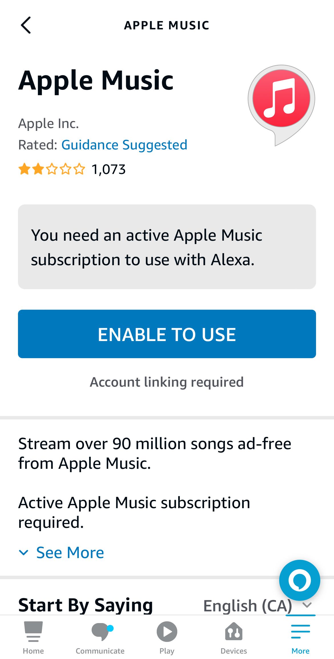 Habilidade do aplicativo Alexa Apple Music.