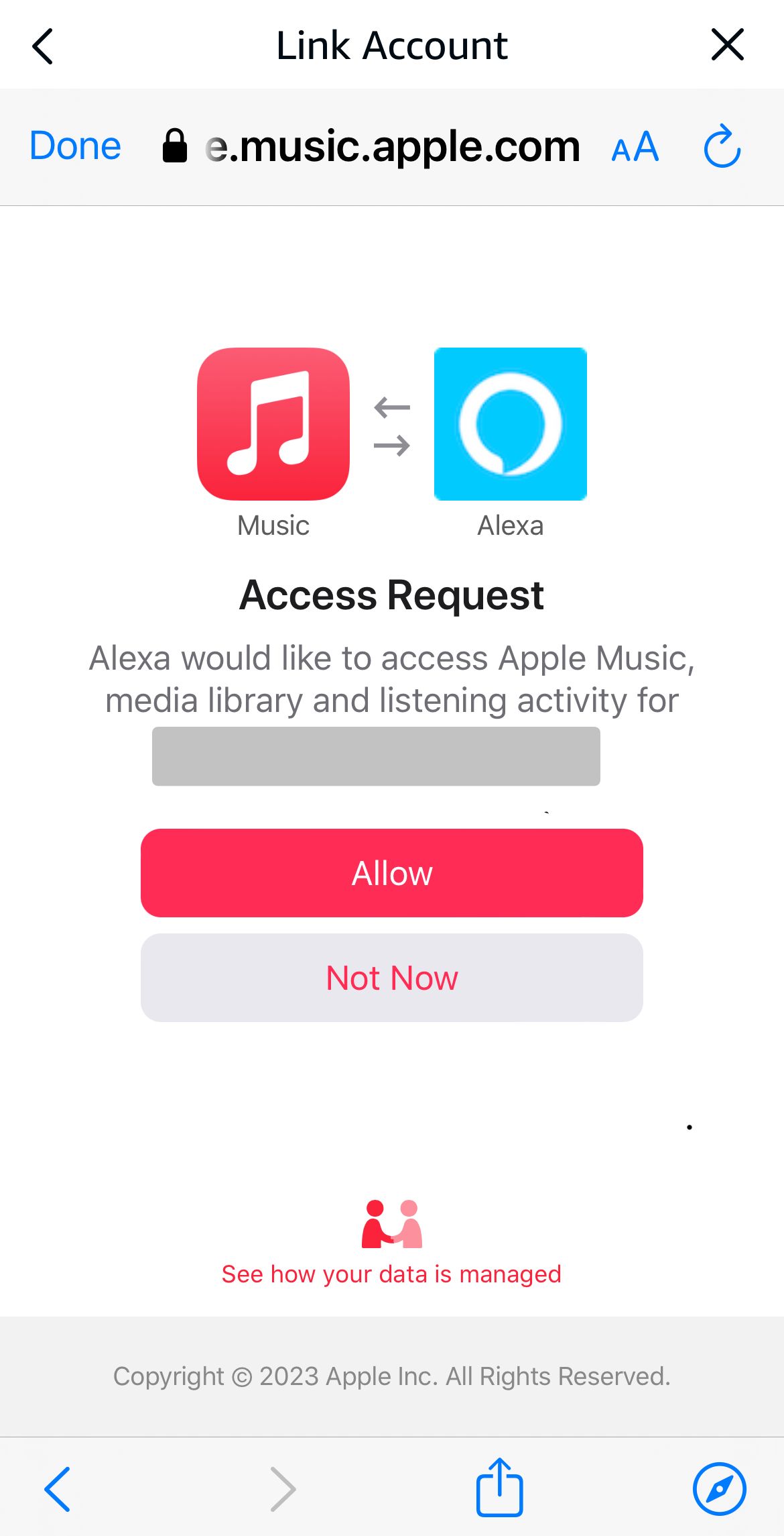 O menu de link de música do aplicativo Alexa solicitando acesso ao Apple Music.