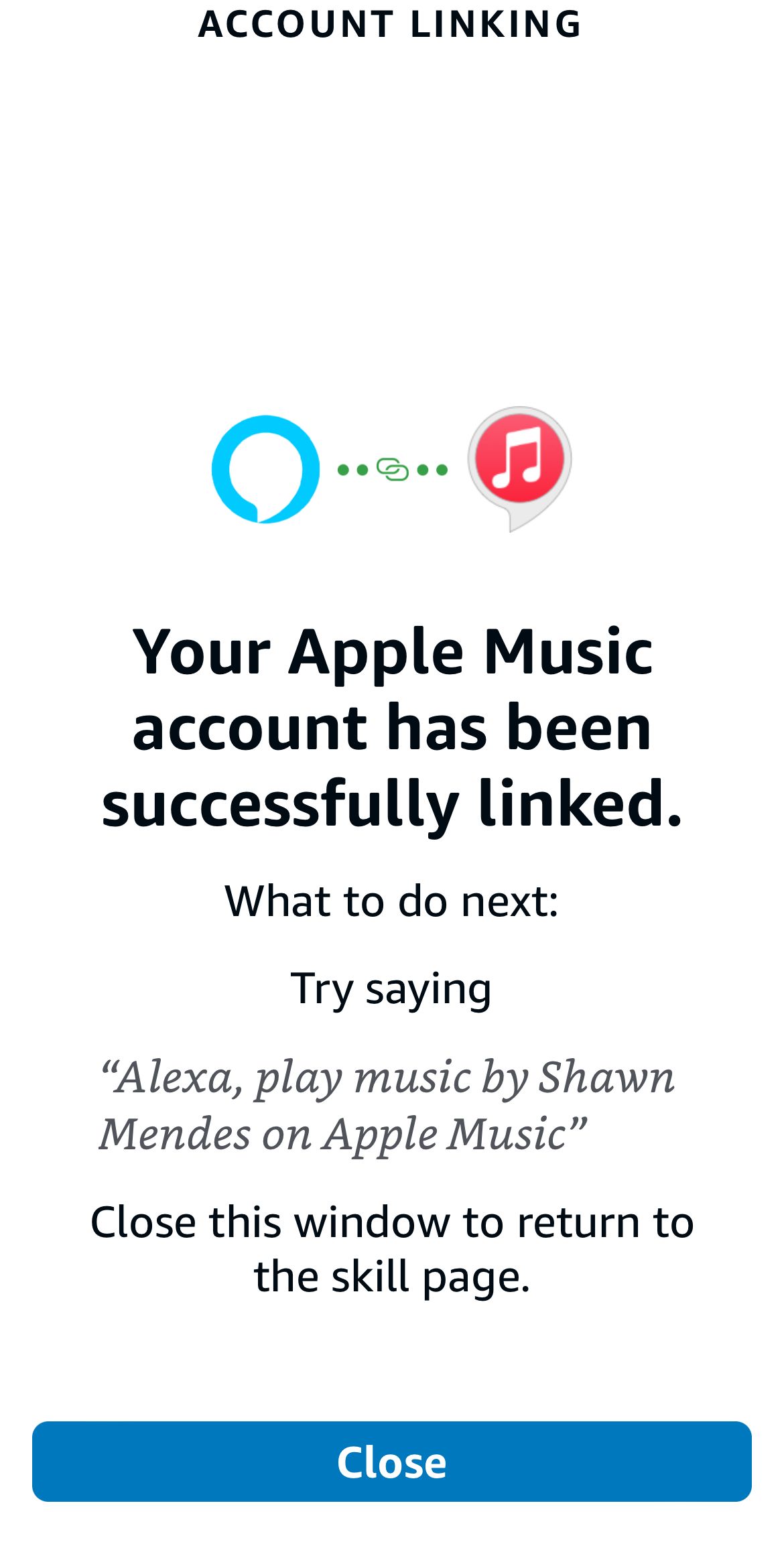 Aplicativo Alexa indicando que o Apple Music foi vinculado com sucesso à conta.