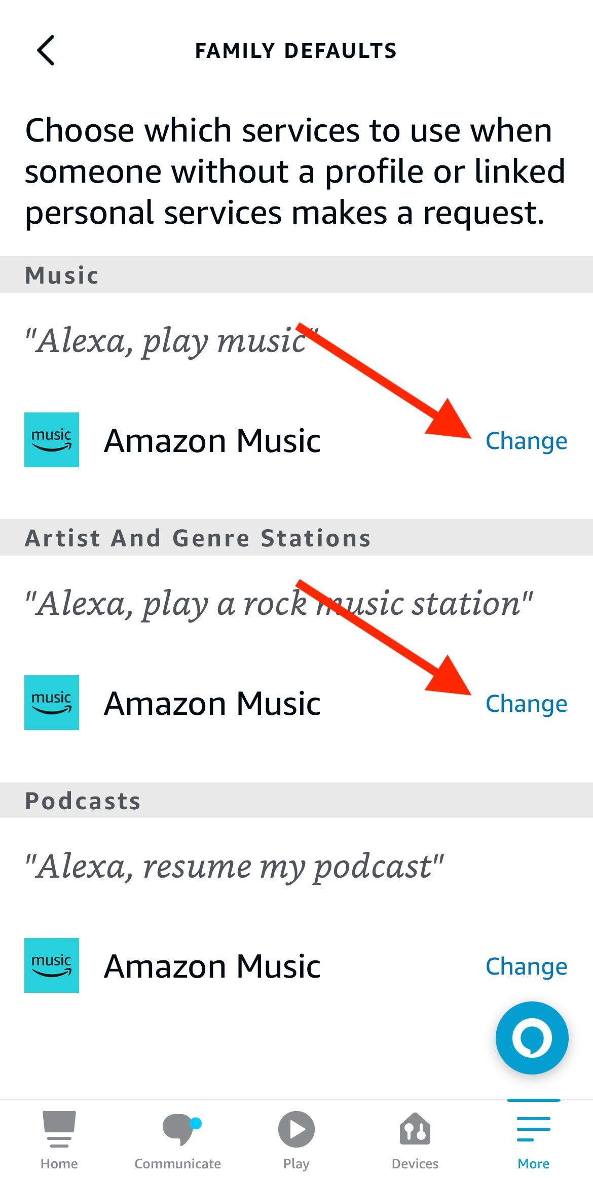 As configurações de música do aplicativo Alexa com setas vermelhas apontando para as opções de alteração em Música e Artista e Estações de Gênero.