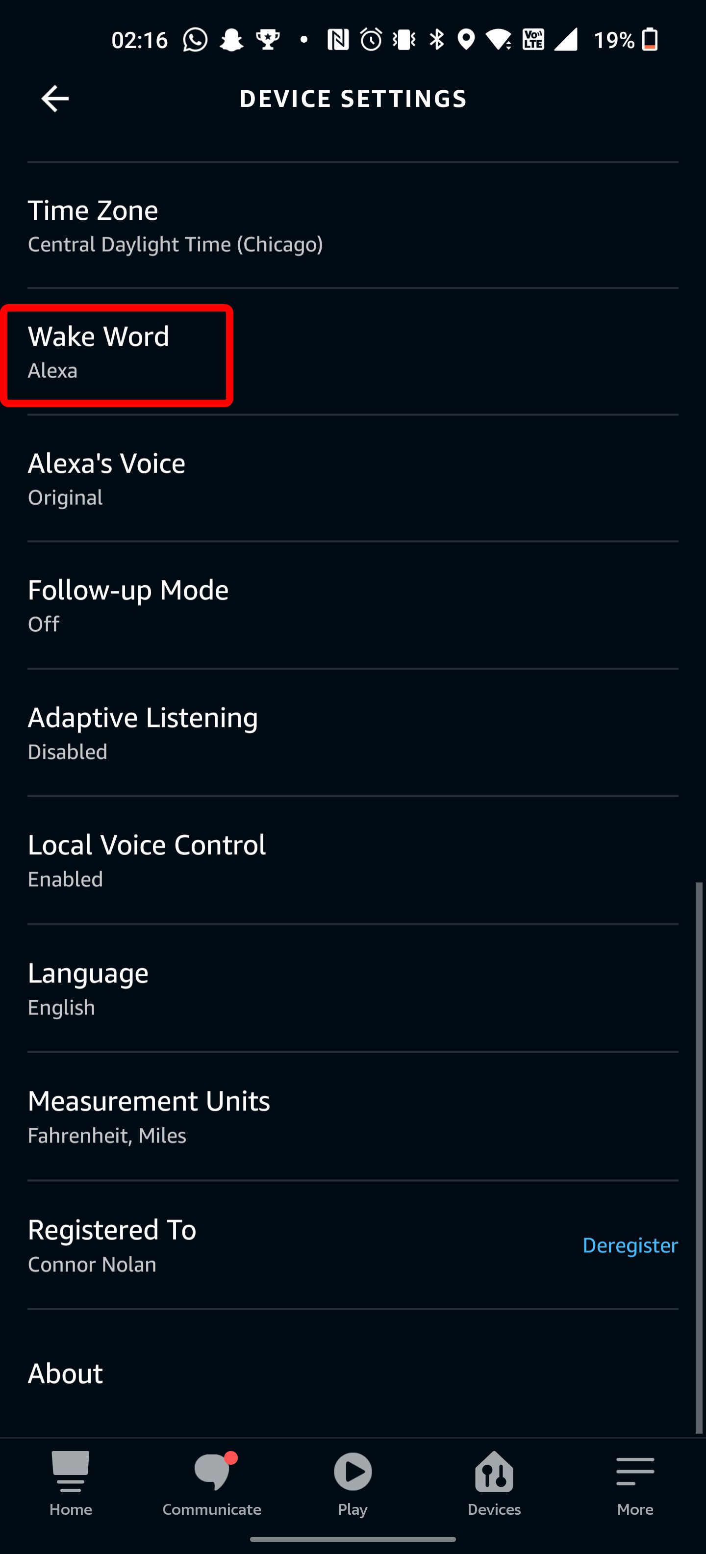 O aplicativo Alexa altera o menu de configurações do wake work.