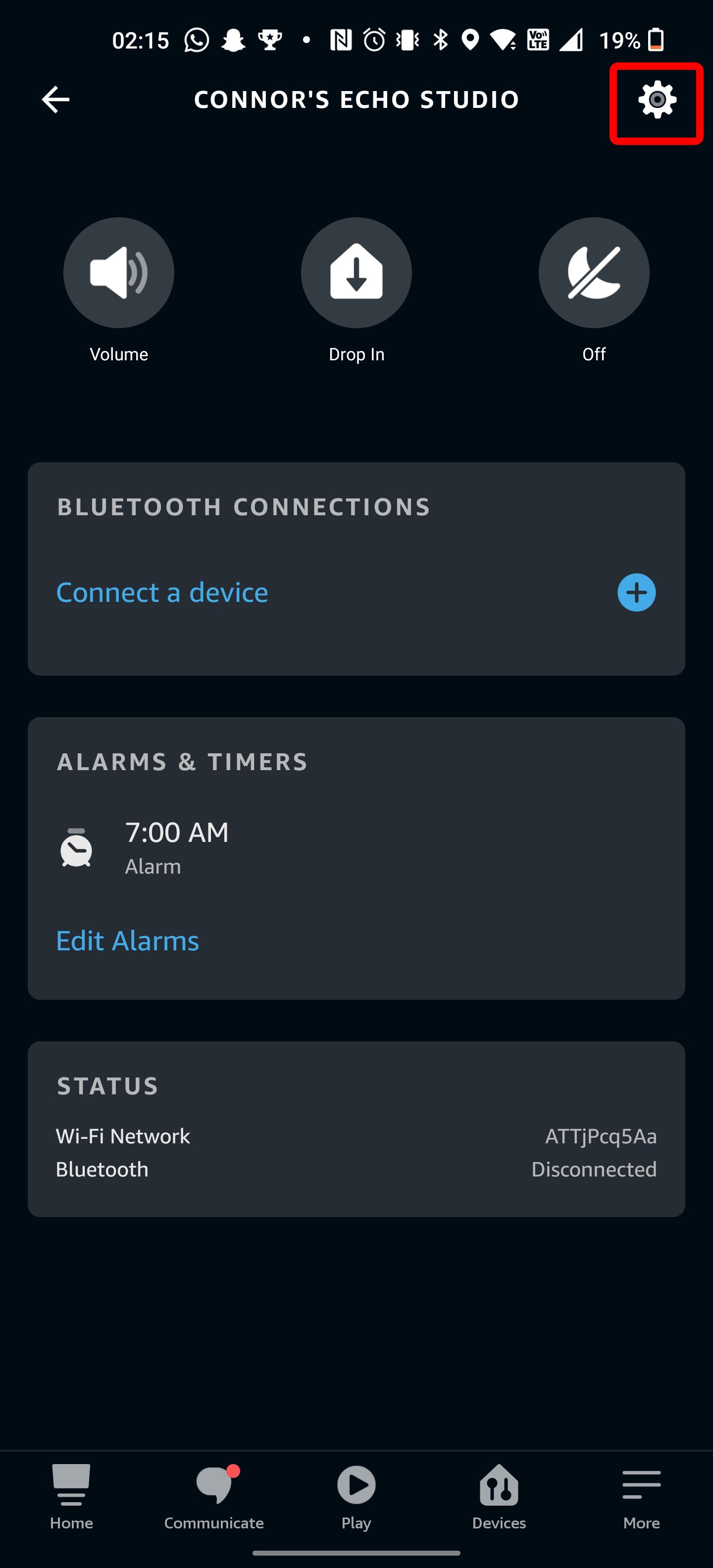 O menu de configurações do dispositivo do aplicativo Alexa.