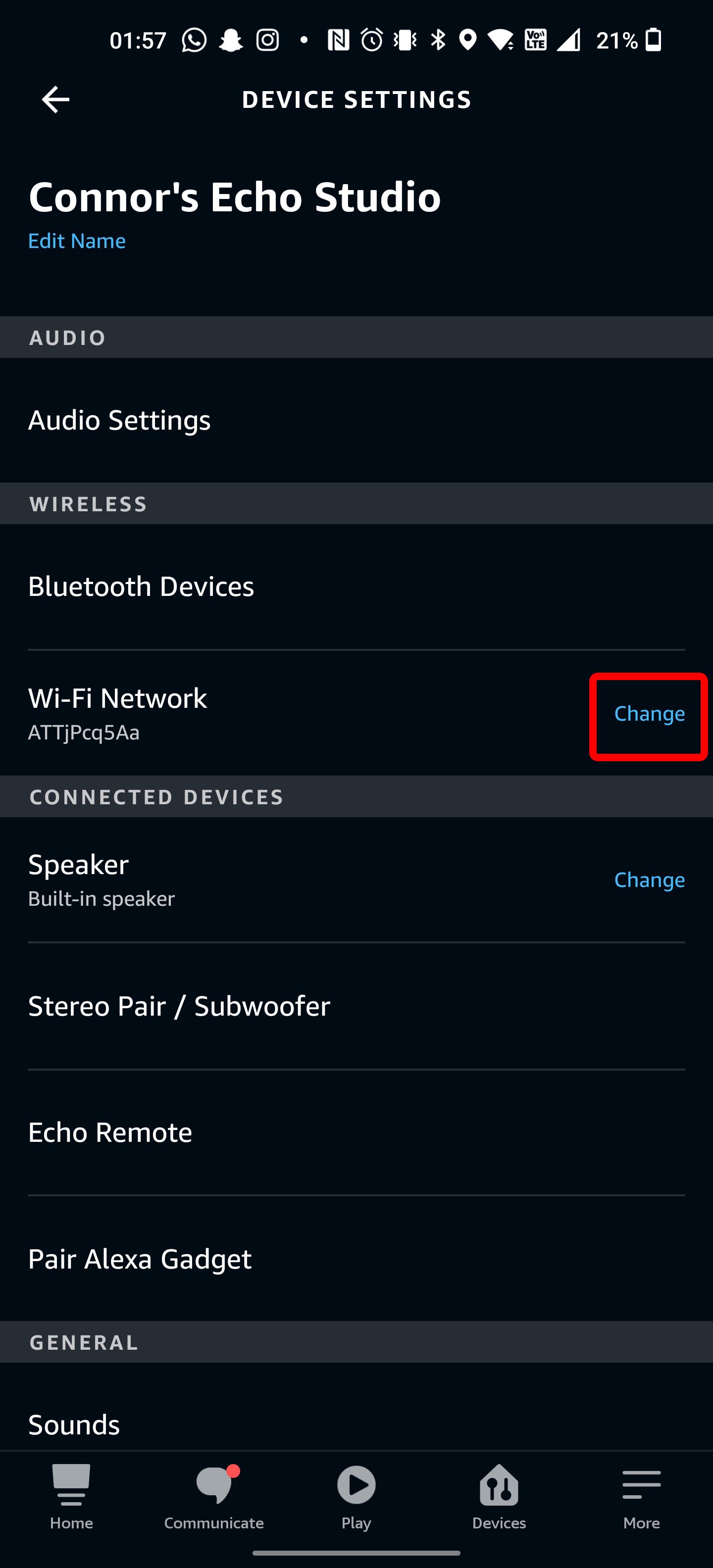 O menu de configurações de wifi do aplicativo Alexa.