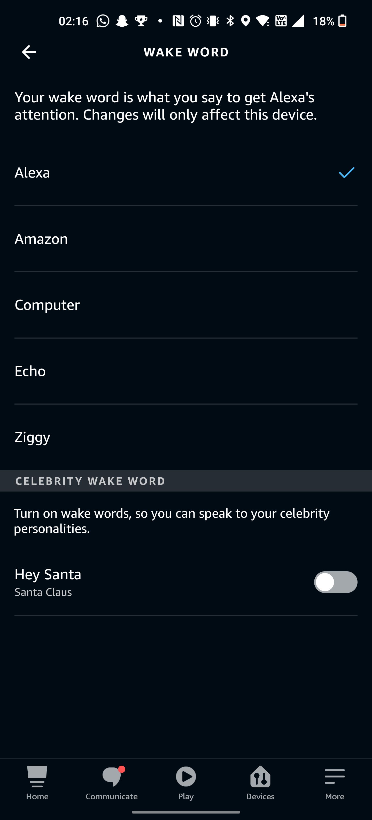 O menu de configurações de wake word do aplicativo Alexa.