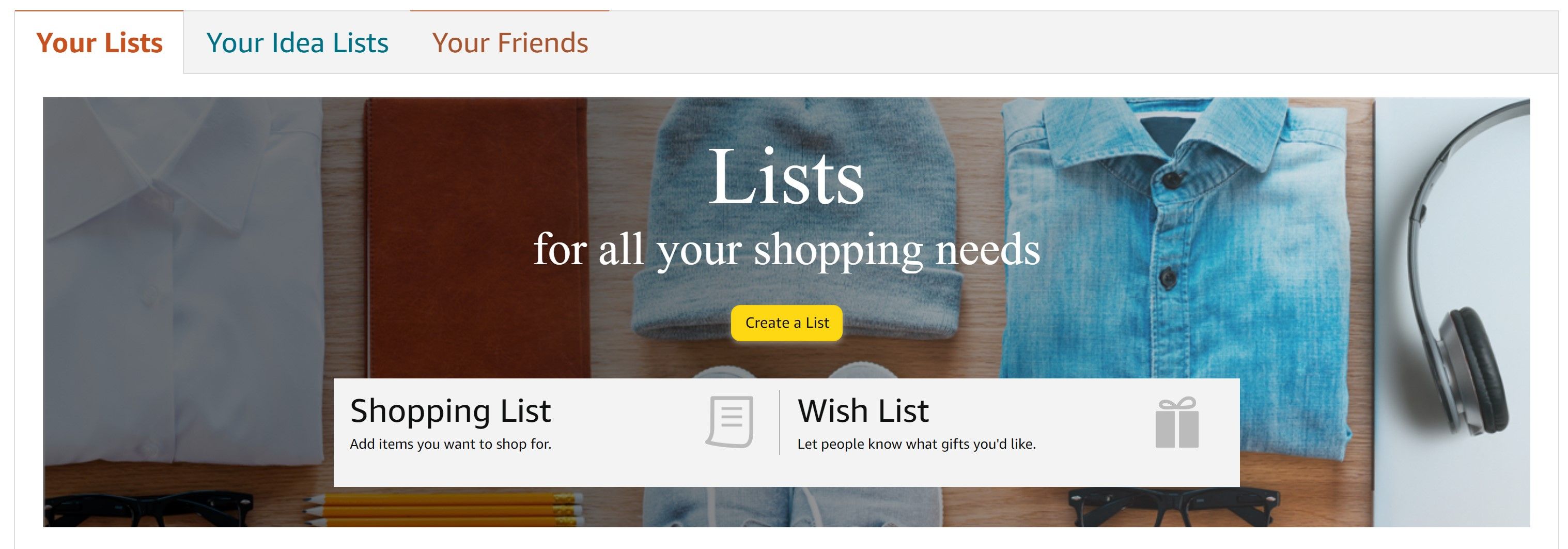 site de compras da Amazon mostrando opções de criação de lista