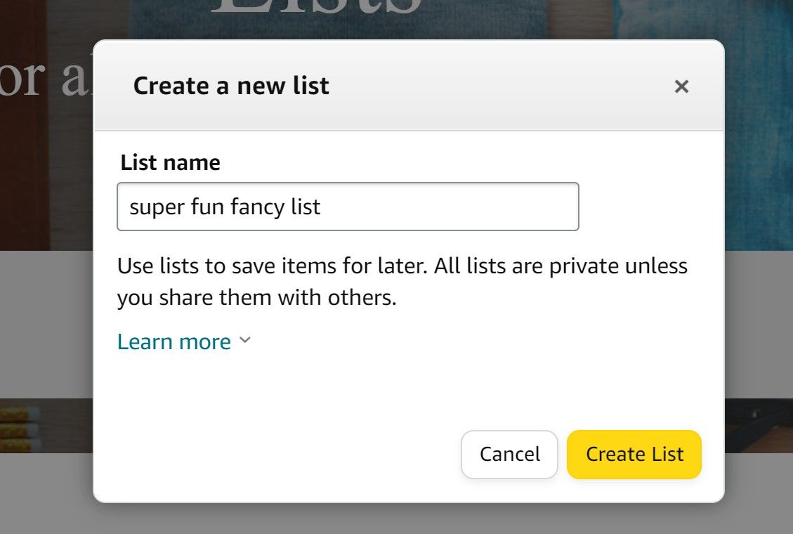 site de compras da Amazon mostrando janela de criação de lista
