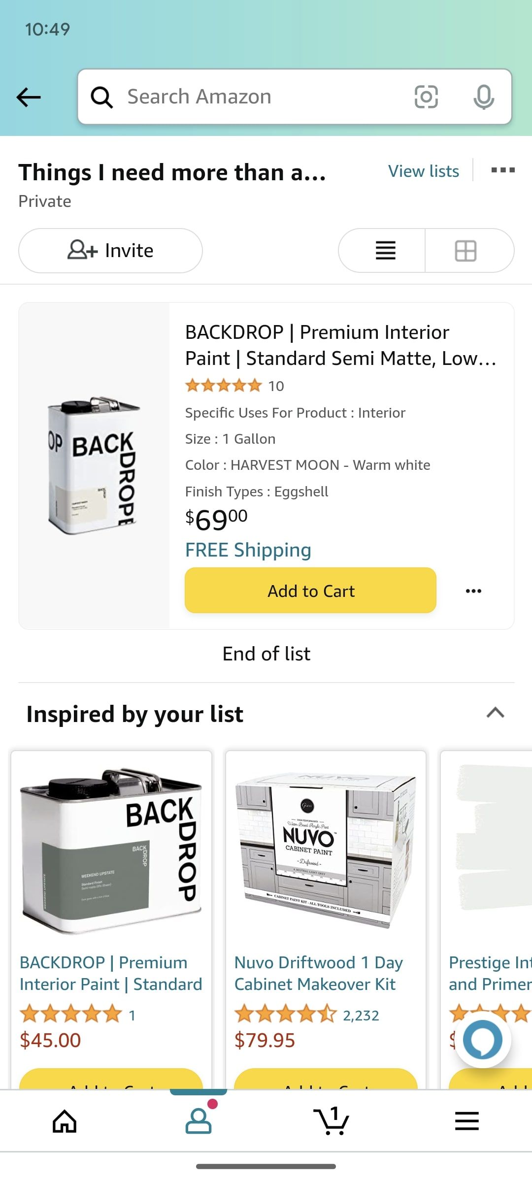 tela de perfil do aplicativo de compras Amazon mostrando sugestões de lista
