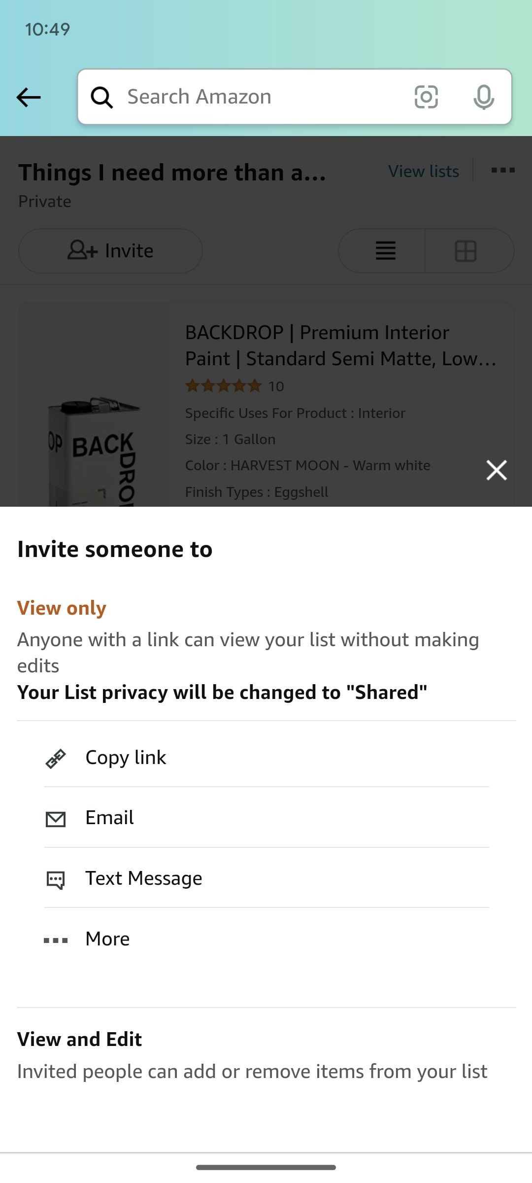 janela de convite para compartilhamento de lista de aplicativos de compras da Amazon