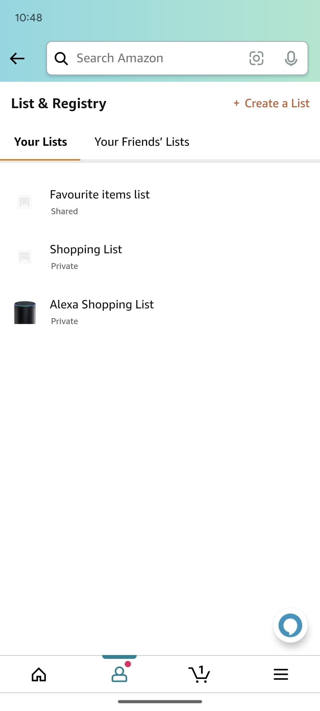 aplicativo de compras da Amazon mostrando suas listas
