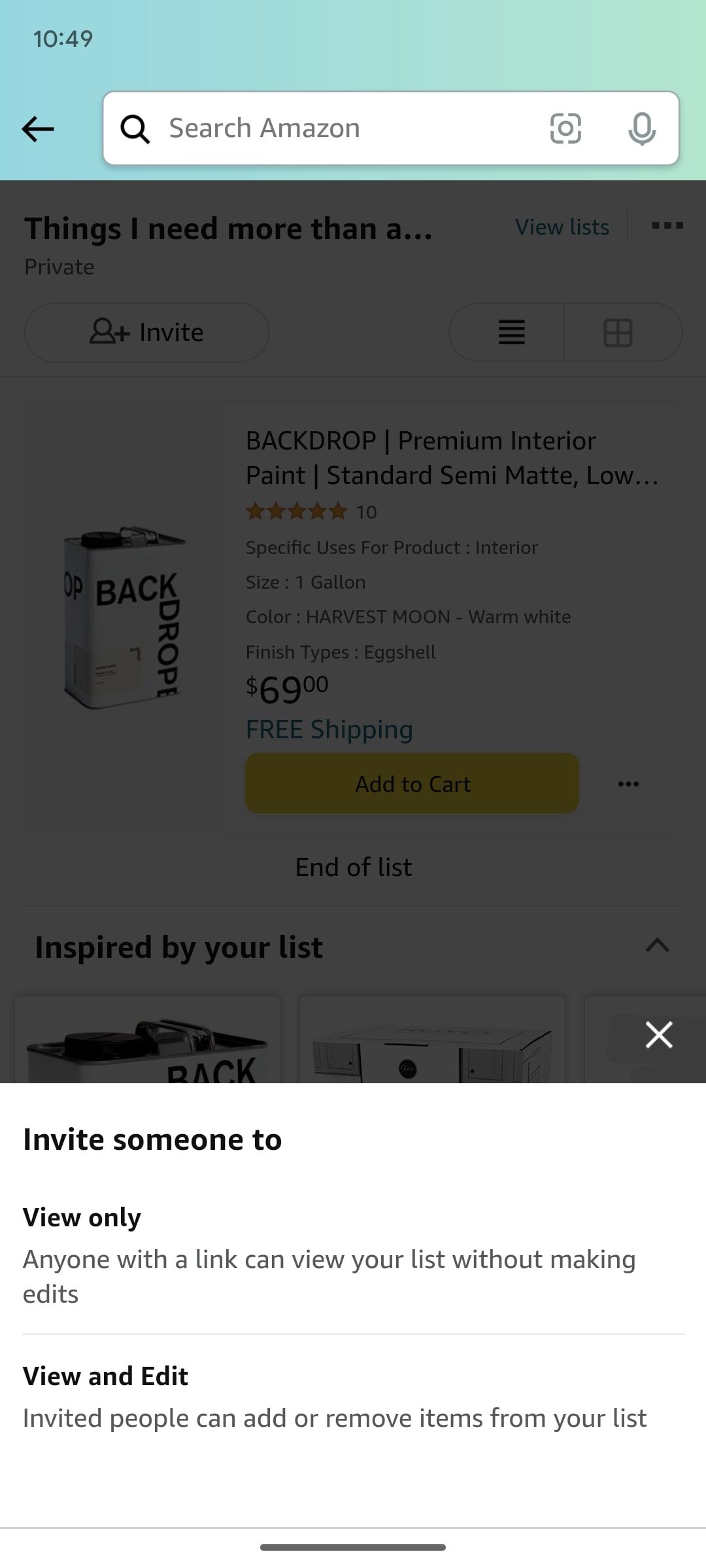 opções de convite para lista de compras da Amazon