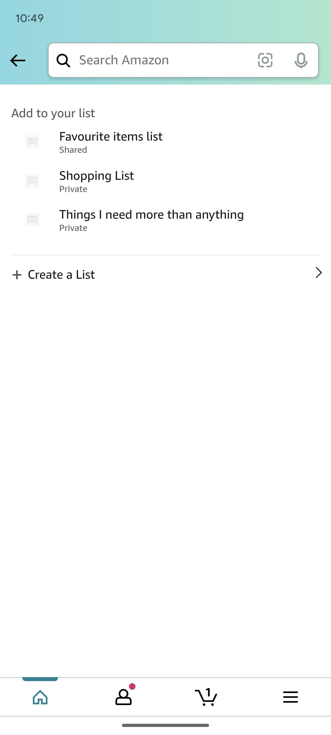 aplicativo de compras da Amazon mostrando a lista de suas listas