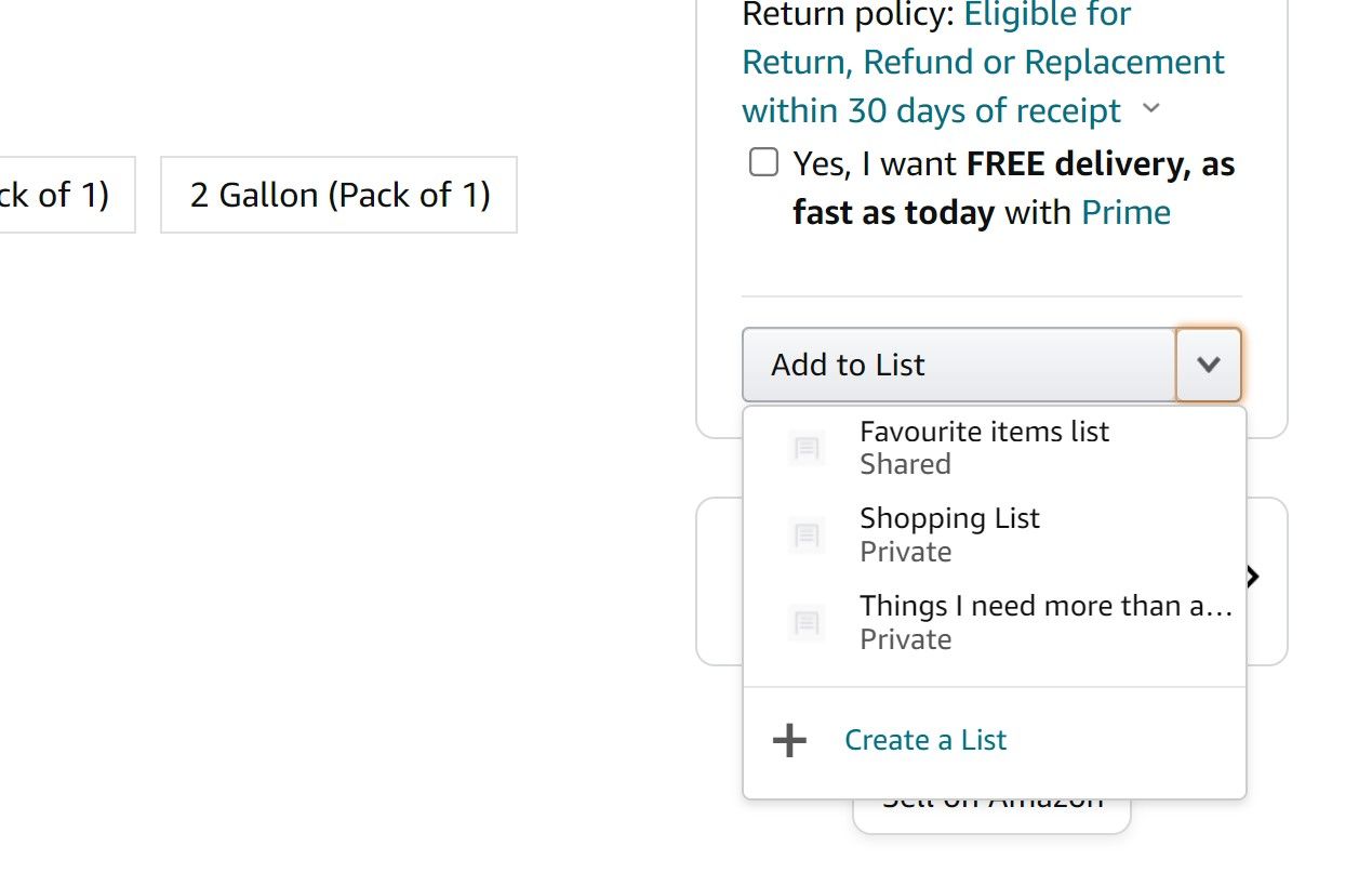 site de compras da Amazon para desktop mostrando o menu suspenso Adicionar item à lista