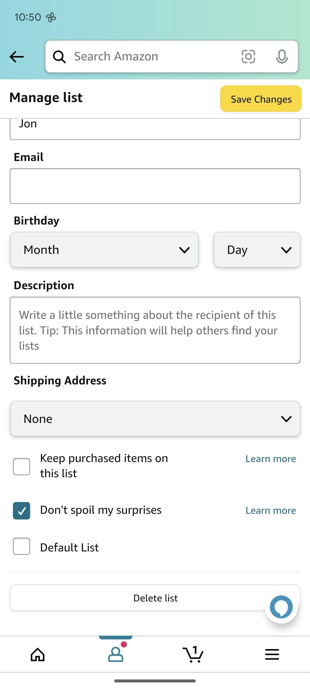 Amazon Shopping App mostrando a opção não estrague minhas surpresas