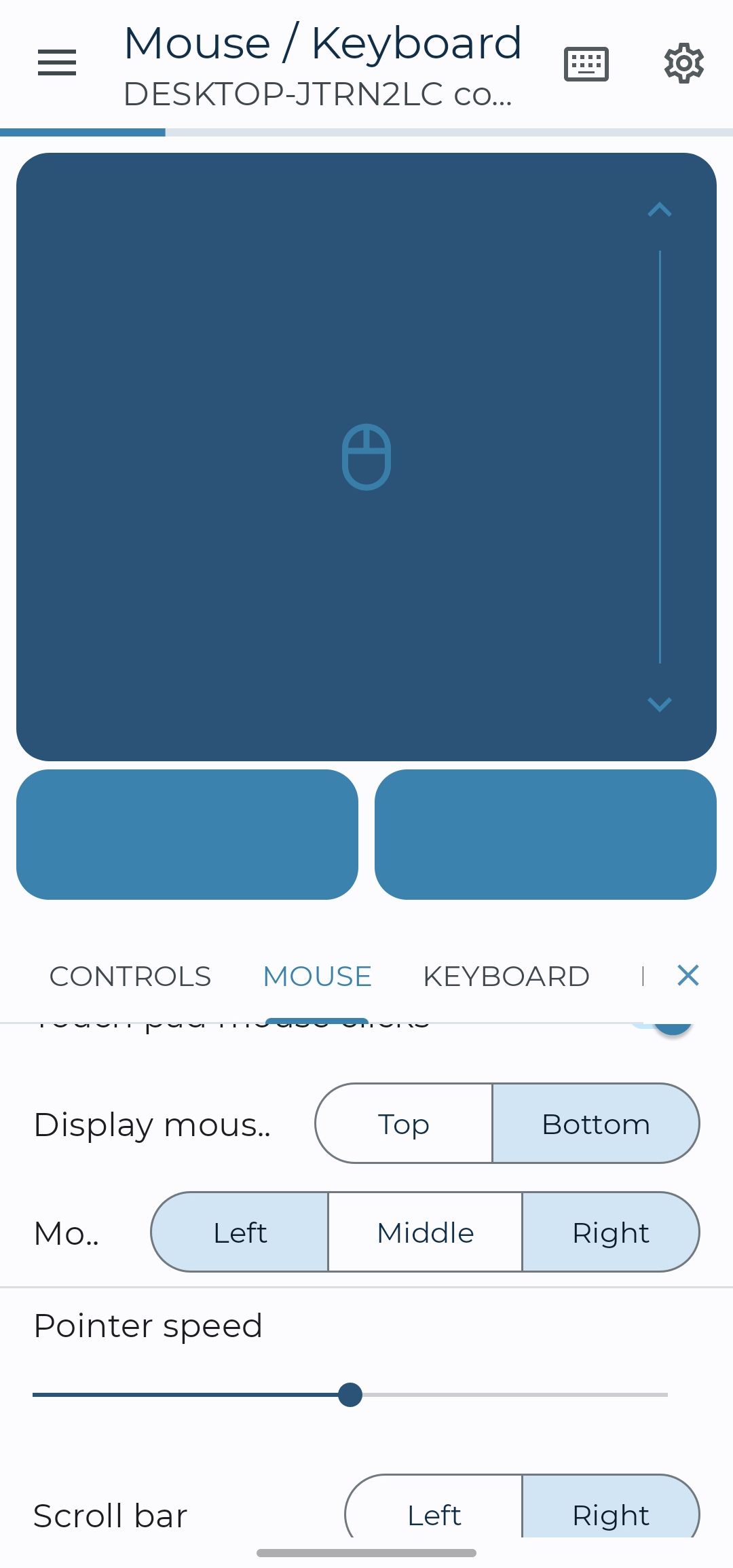 Configurações no aplicativo Bluetooth Mouse.