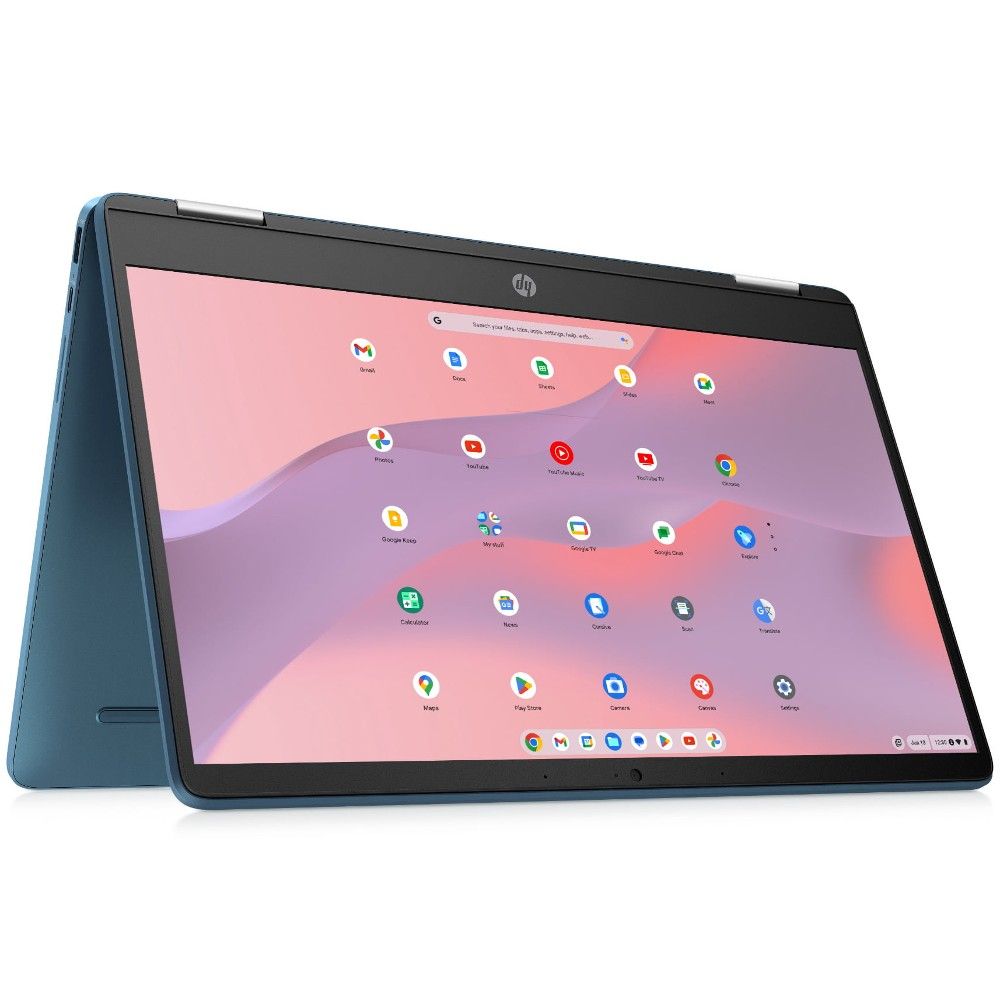 O laptop HP Chromebook X360 14a-ca0130wm em verde-azulado