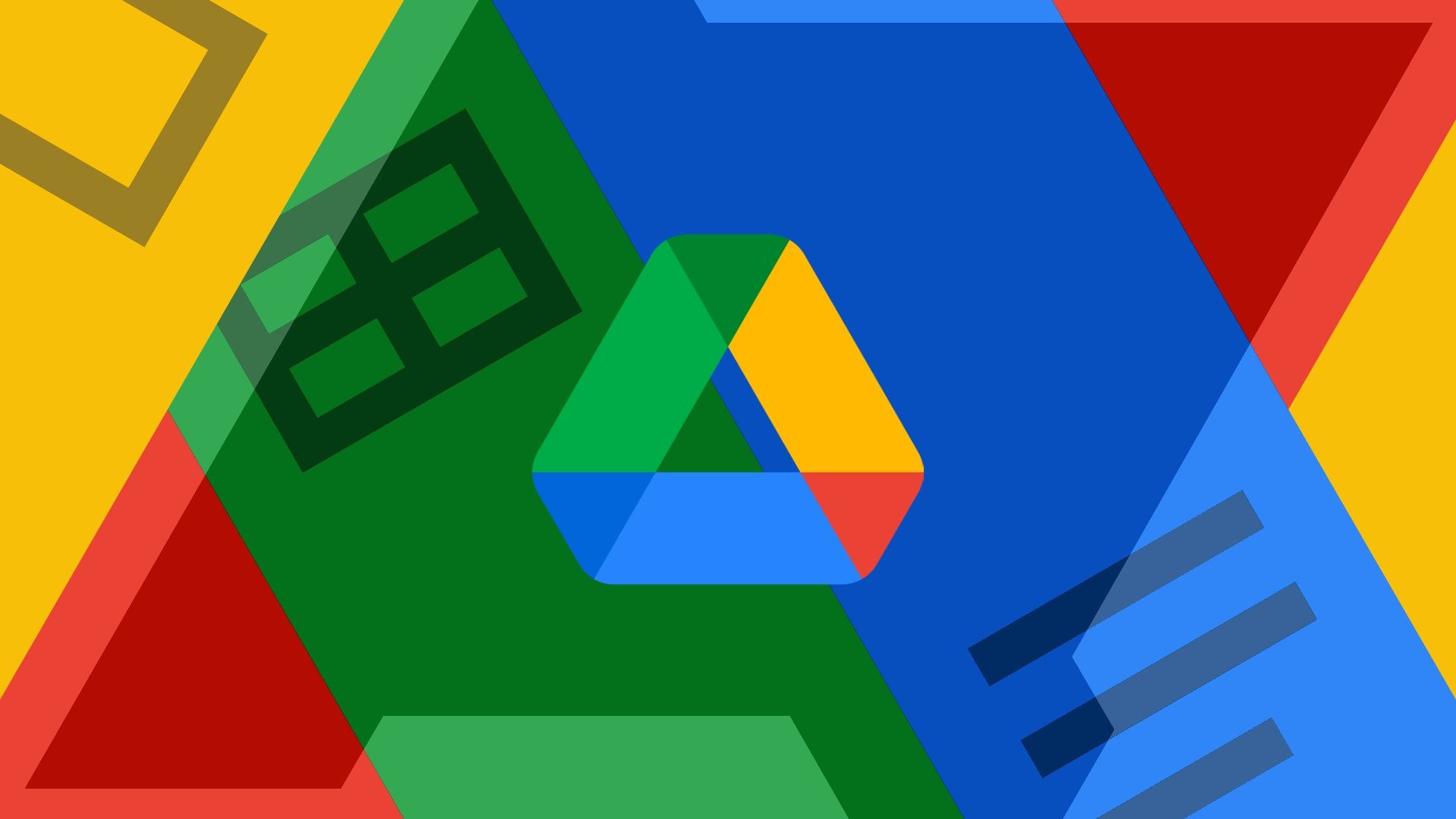 O logotipo do Google Drive em um plano de fundo com o logotipo do Android Police e os logotipos e cores do Planilhas Google, Documentos Google e Apresentações Google